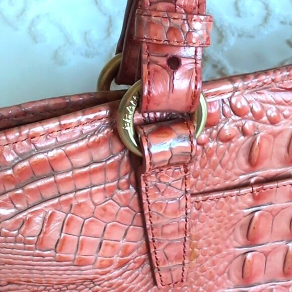 Brahmin Mini Asher Tulle Coral Colored Crock Embossed Leather Brass Hardware NWT - Picture 13 of 17